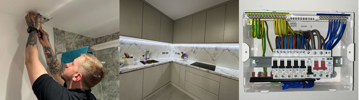 Electrician working on a ceiling fitting, kitchen lighting and internal consumer unit wiring